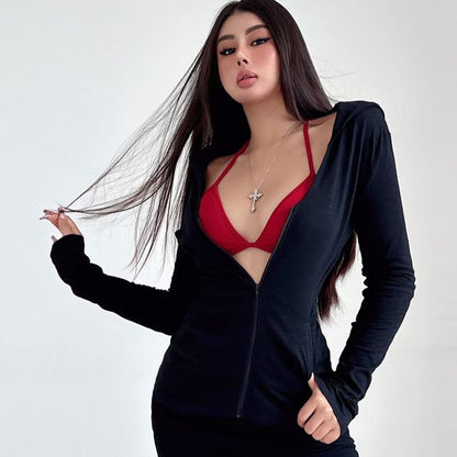 Sheer Zip-Up Hoodie with V-Neck and Long Sleeves in Solid Color