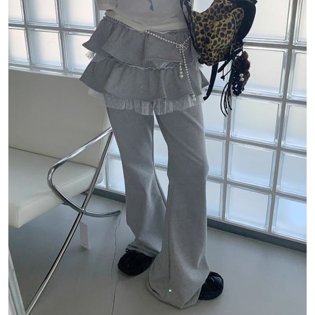 Mesh Panel Skirt Overlay Flared Pants