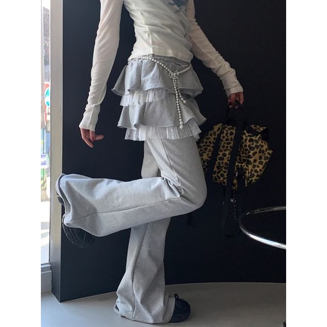 Mesh Panel Skirt Overlay Flared Pants