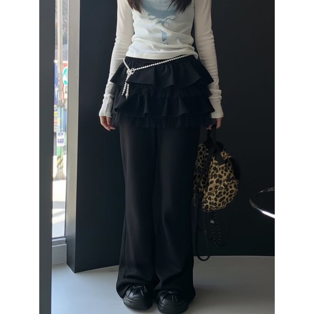 Mesh Panel Skirt Overlay Flared Pants