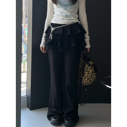 Mesh Panel Skirt Overlay Flared Pants