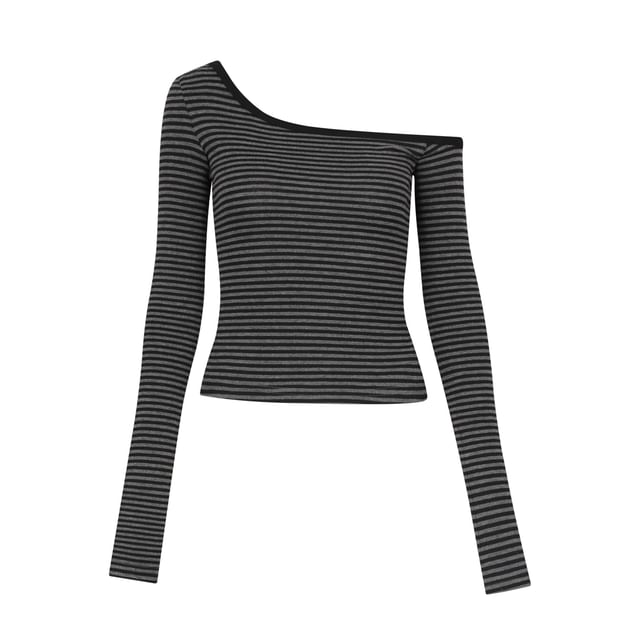 Off-Shoulder Striped Crop Tee with Long Sleeves and Asymmetrical Cut