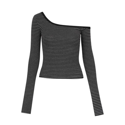 Off-Shoulder Striped Crop Tee with Long Sleeves and Asymmetrical Cut
