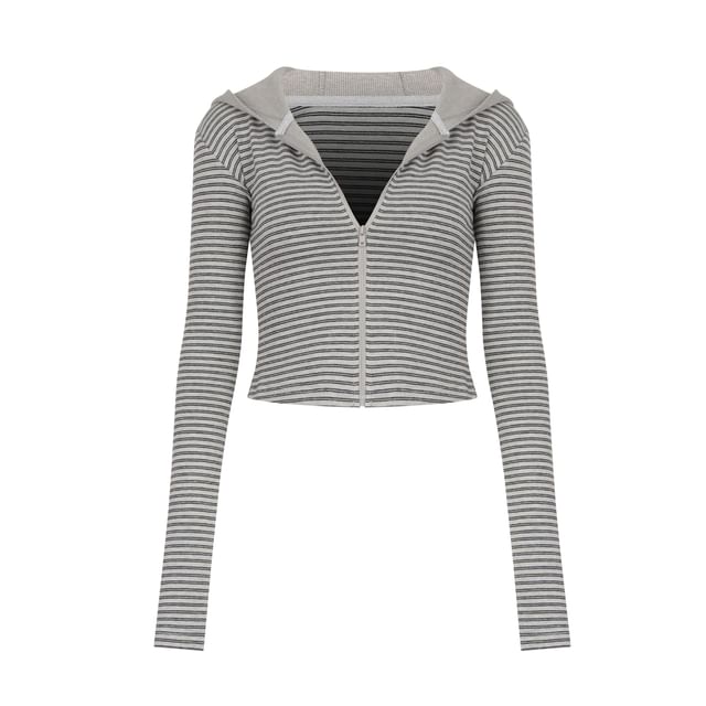 Striped Crop Hoodie with Zip-Up Closure