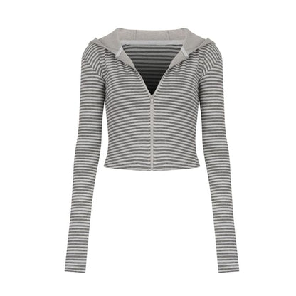 Striped Crop Hoodie with Zip-Up Closure