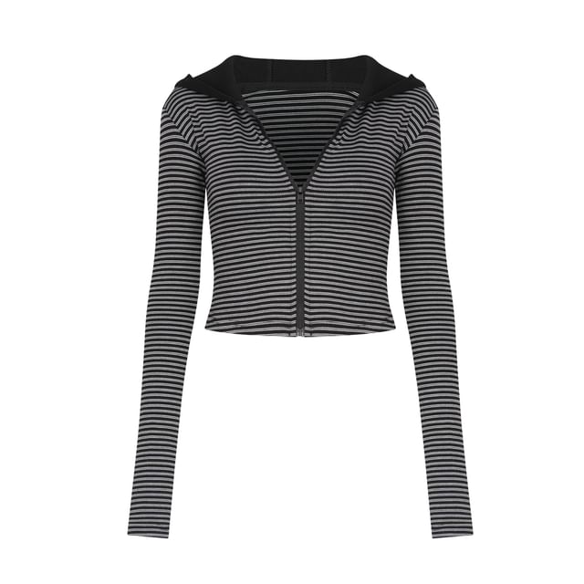 Striped Crop Hoodie with Zip-Up Closure