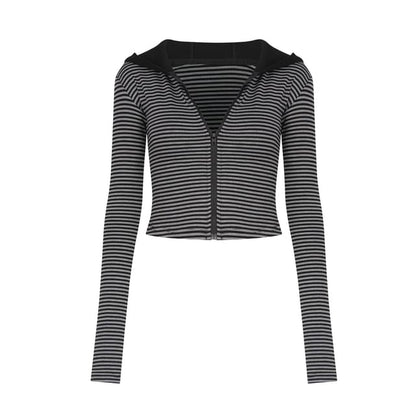 Striped Crop Hoodie with Zip-Up Closure
