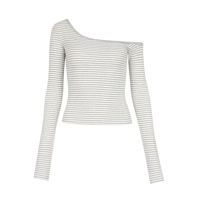 Off-Shoulder Striped Crop Tee with Long Sleeves and Asymmetrical Cut