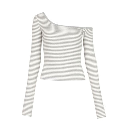 Off-Shoulder Striped Crop Tee with Long Sleeves and Asymmetrical Cut