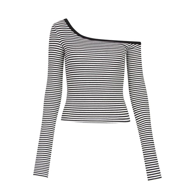 Off-Shoulder Striped Crop Tee with Long Sleeves and Asymmetrical Cut
