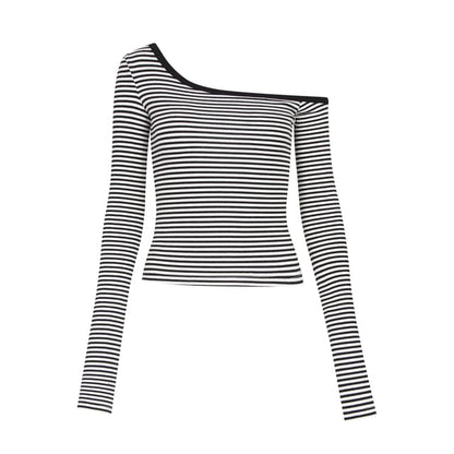 Off-Shoulder Striped Crop Tee with Long Sleeves and Asymmetrical Cut