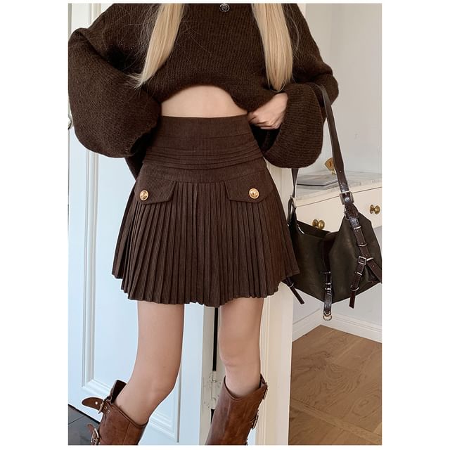 Accordion Pleated Corduroy Mini A-Line Skirt