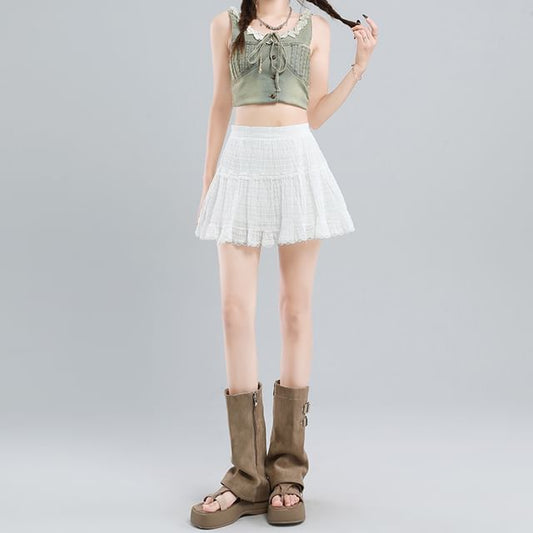 Ruffle Lace Trim Mini A-Line Skirt