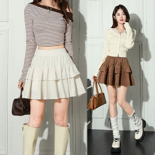 Elastic Waist Ruffle Corduroy Mini A-Line Skirt