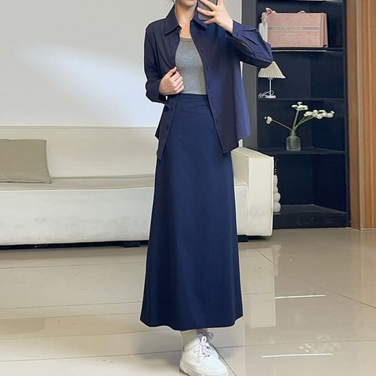 Collared Shirt with Maxi A-Line Skirt Set
