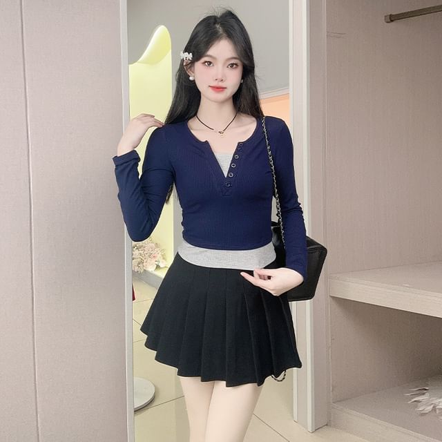 Faux-Layer Buttoned Tee with Long Sleeves and Mock Two-Piece Look