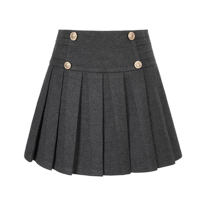 Plain Pleated Double-Breasted Mini A-Line Skirt
