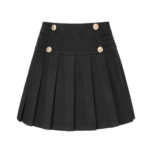 Plain Pleated Double-Breasted Mini A-Line Skirt