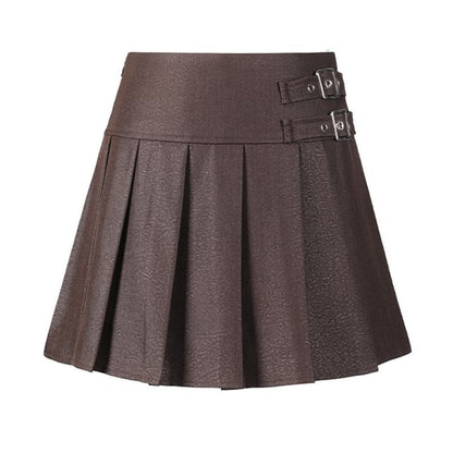 Plain Pleated Buckled Mini A-Line Skirt