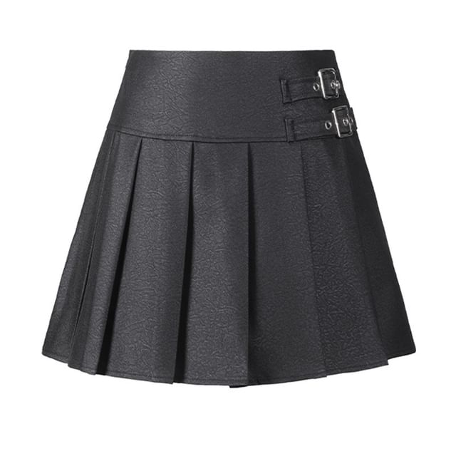 Plain Pleated Buckled Mini A-Line Skirt
