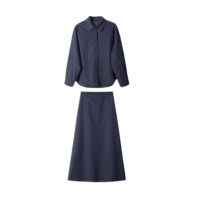 Set: Collared Shirt with Long Sleeves and High Waist Maxi A-Line Skirt