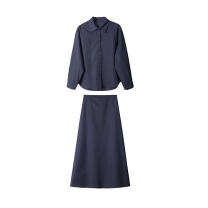 Set: Collared Shirt with Long Sleeves and High Waist Maxi A-Line Skirt