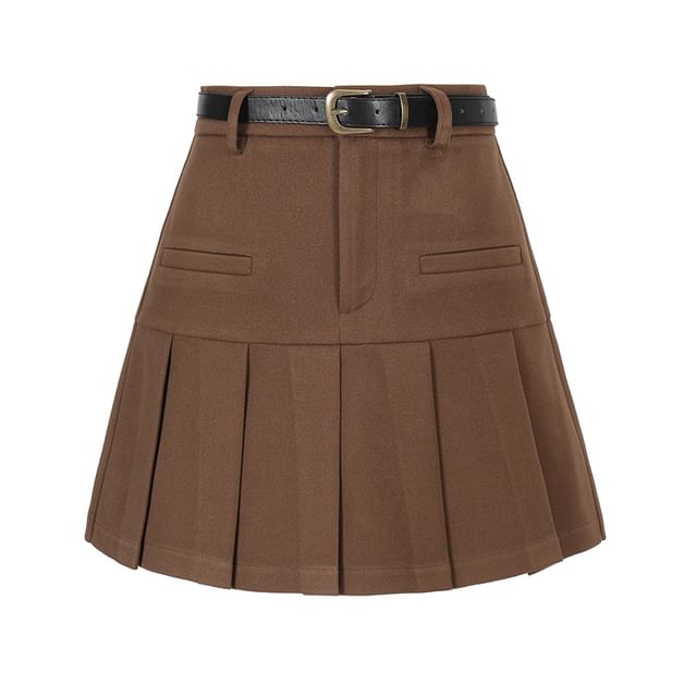 Plain Pleated Mini Skirt with Belt Set