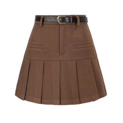 Plain Pleated Mini Skirt with Belt Set