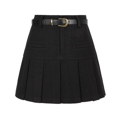 Plain Pleated Mini Skirt with Belt Set