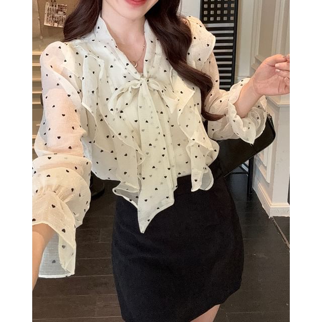 Dotted Ruffled Blouse with Puffed Sleeves and Neck Tie Detail