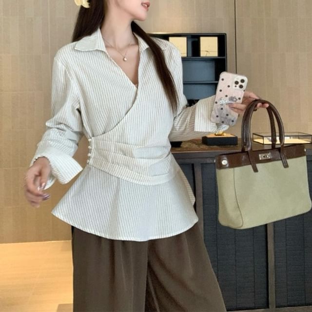 Striped Peplum Shirt with V-Neck and Long Sleeves