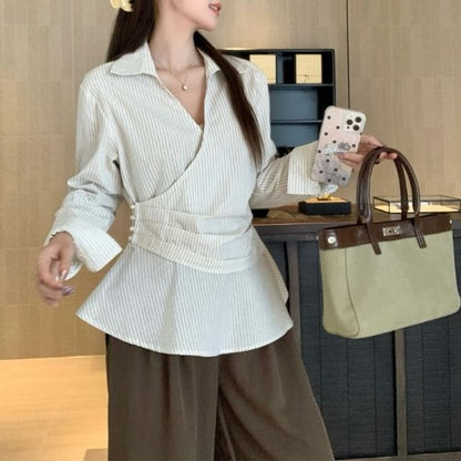 Striped Peplum Shirt with V-Neck and Long Sleeves