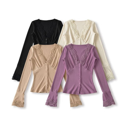 Long-Sleeve Top with Lace Trim and V-Neck in Solid Color