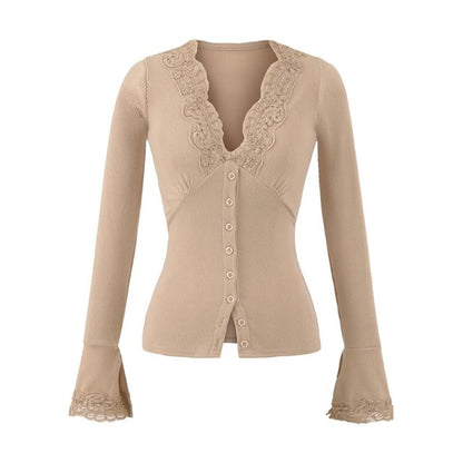 Long-Sleeve Top with Lace Trim and V-Neck in Solid Color