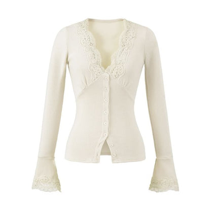 Long-Sleeve Top with Lace Trim and V-Neck in Solid Color