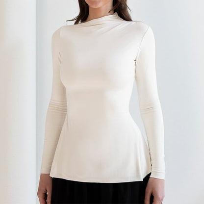 Plain T-Shirt with High Neck and Long Sleeve Silhouette