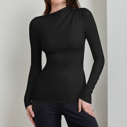 Plain T-Shirt with High Neck and Long Sleeve Silhouette