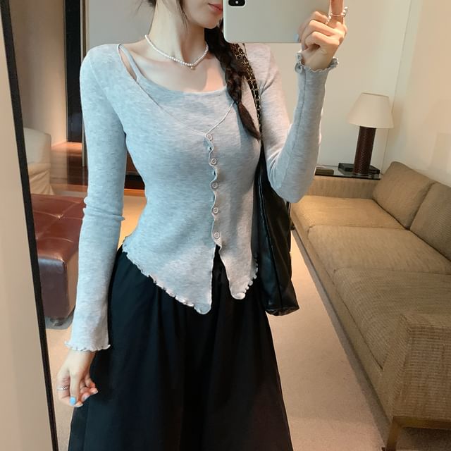 Faux-Layer Knit Top with Long Sleeves in Solid Color