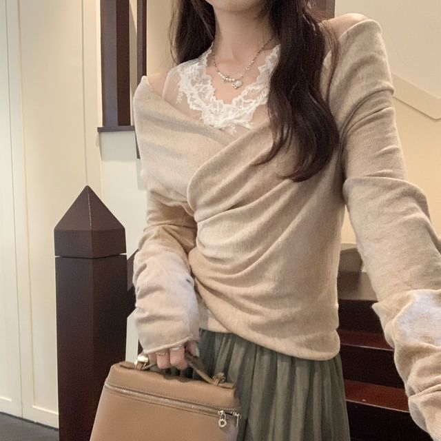 Cold Shoulder Knit Top with Lace Details and Long Sleeves