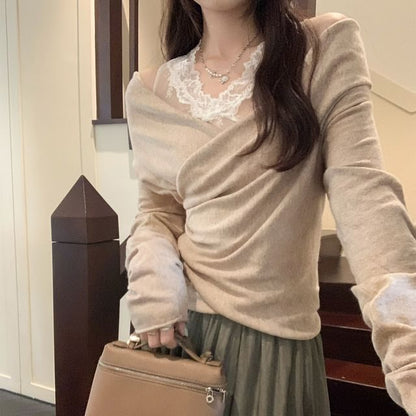 Cold Shoulder Knit Top with Lace Details and Long Sleeves