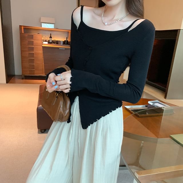 Faux-Layer Knit Top with Long Sleeves in Solid Color