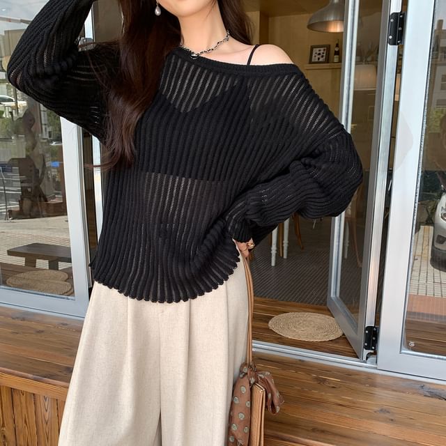 Off-Shoulder Ribbed Knit Top with Long Sleeves in Solid Color