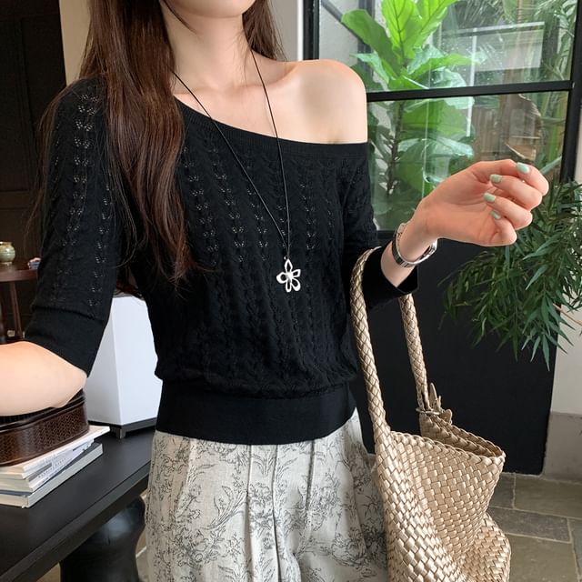 Off-Shoulder Plain Knit Top with Elbow Sleeves