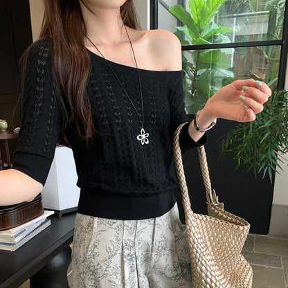 Off-Shoulder Plain Knit Top with Elbow Sleeves