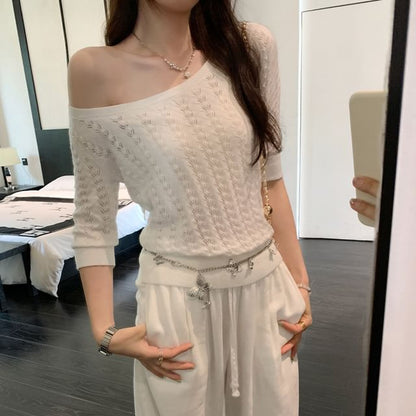 Off-Shoulder Plain Knit Top with Elbow Sleeves