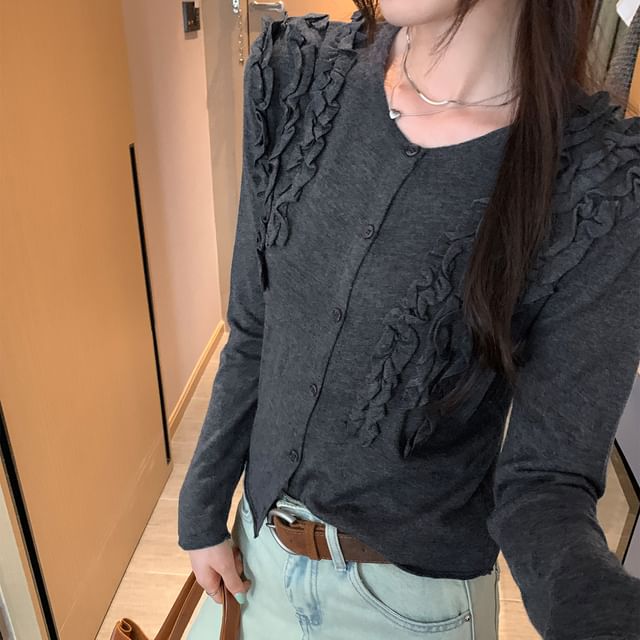 Button-Up Knit Top with Frill Trim and Long Sleeves in Solid Color