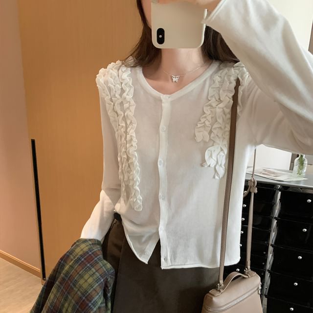 Button-Up Knit Top with Frill Trim and Long Sleeves in Solid Color