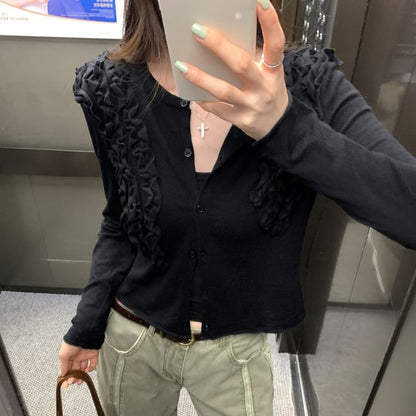 Button-Up Knit Top with Frill Trim and Long Sleeves in Solid Color