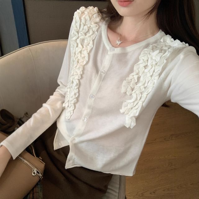 Button-Up Knit Top with Frill Trim and Long Sleeves in Solid Color
