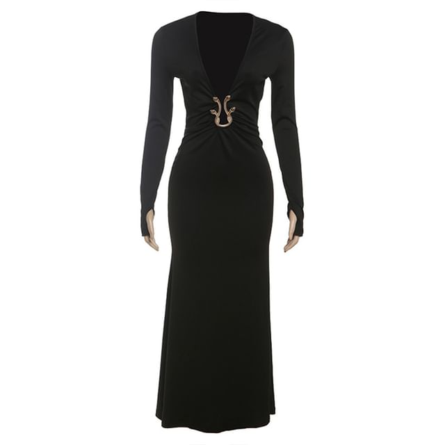 Long Sleeve V-Neck Plain Maxi Sheath Dress